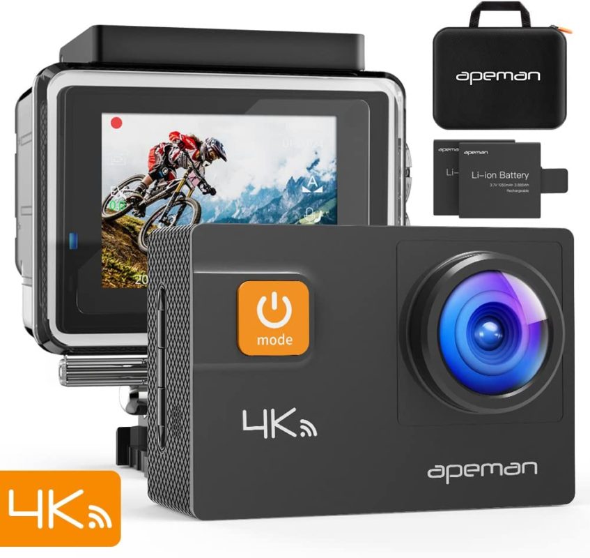 APEMAN A80 Action Camera 4K 20MP Wi-Fi Sports Cam 4X Zoom EIS 40M Waterproof Underwater Camcoder with 19 Accessories and Carring Case, for Yutube or Vlog Videos, PC Webcam