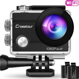 Crosstour Action Camera 1080P Full HD Wi-Fi 12MP Waterproof Cam 2-inches LCD 30m Underwater 170 degree Wide-Angle Sports Camera with 2 Rechargeable 1050mAh Batteries and Mounting Accessory Kits Webcam