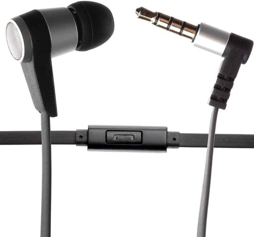 Single Earbud Stereo-to-Mono Headphone with Mic (Black,Silver), Aluminum with Rubberized Ribbon Cable
